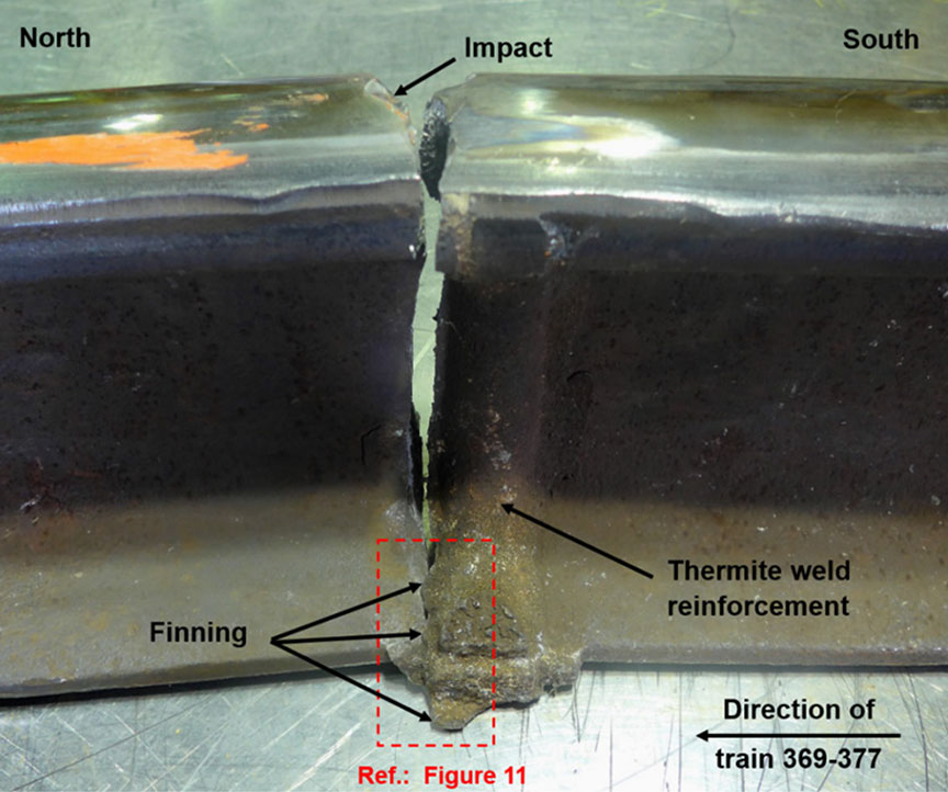 Side view of thermite failure and fracture origin