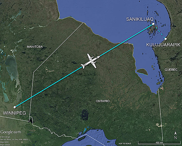Map of the flight route from Winnipeg