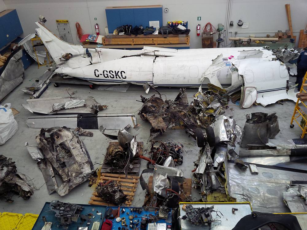 Photo of the wreckage of the Carson Air Swearingen Merlin III at the TSB laboratory