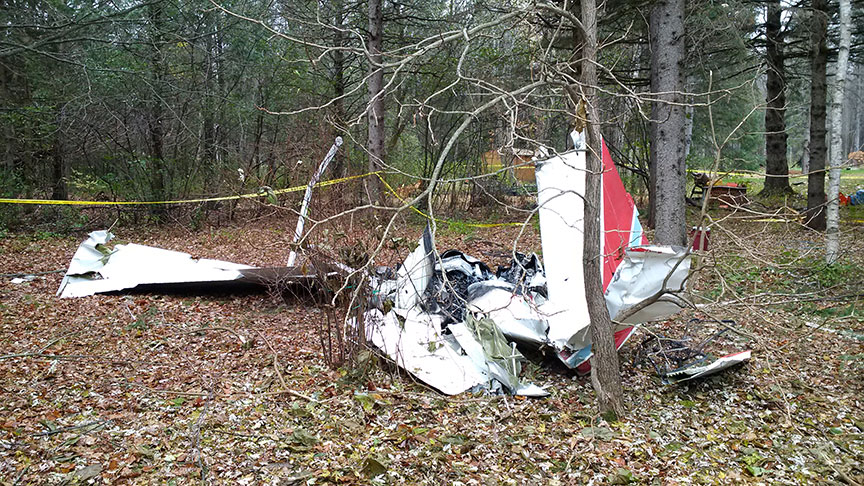 Wreckage of the Cessna 150 involved in the November 4 mid-air collision near Carp Airport, Ontario