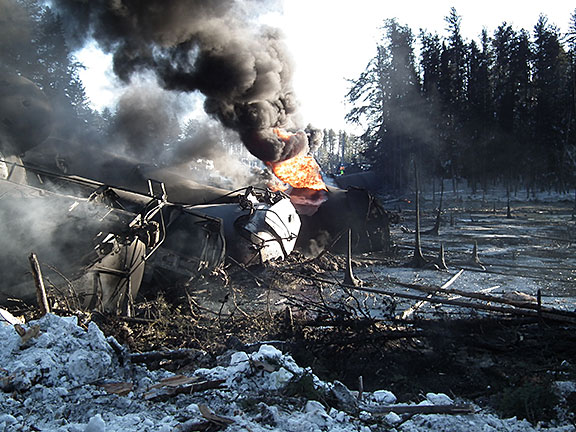 Image of ruptured tank car on fire