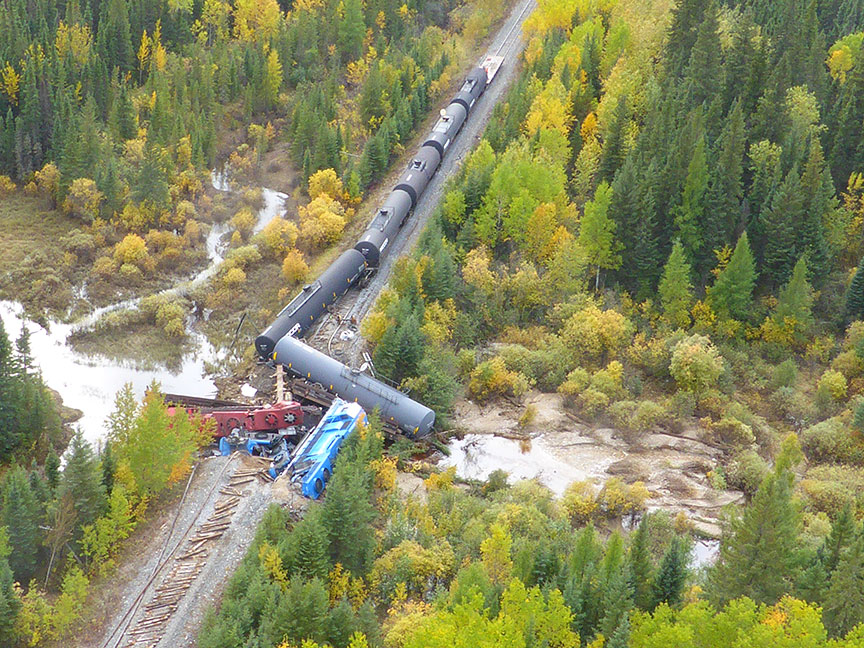 Aerial view of the train derailment near Ponton, Manitoba 