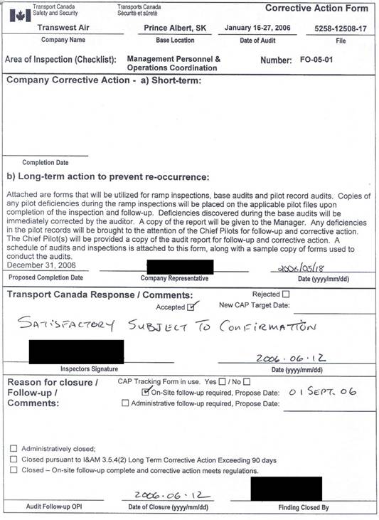 Photo of Audit Finding FO-05-01 — Corrective Action Form Used by Transwest Air and Transport Canada's Prairie and Northern Region