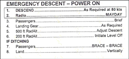 Image of Cougar Helicopters' S-92A Pilot Checklist: Emergency Descent - Power On Procedure.