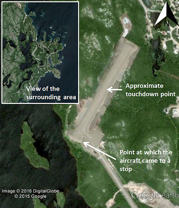 Satellite image of La Tabatière aerodrome showing touchdown and stopping points (Source: Google Earth, with TSB annotations)