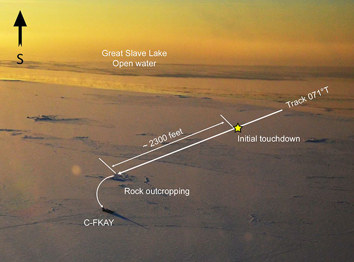 Aerial view, looking south, of the accident site on the North Arm of Great Slave Lake