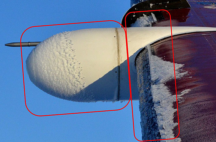 Red solid outlines indicate ice accretion from the flight on the radome of the right wing and ice ridges aft of the de-ice boots on the leading edge of the wing