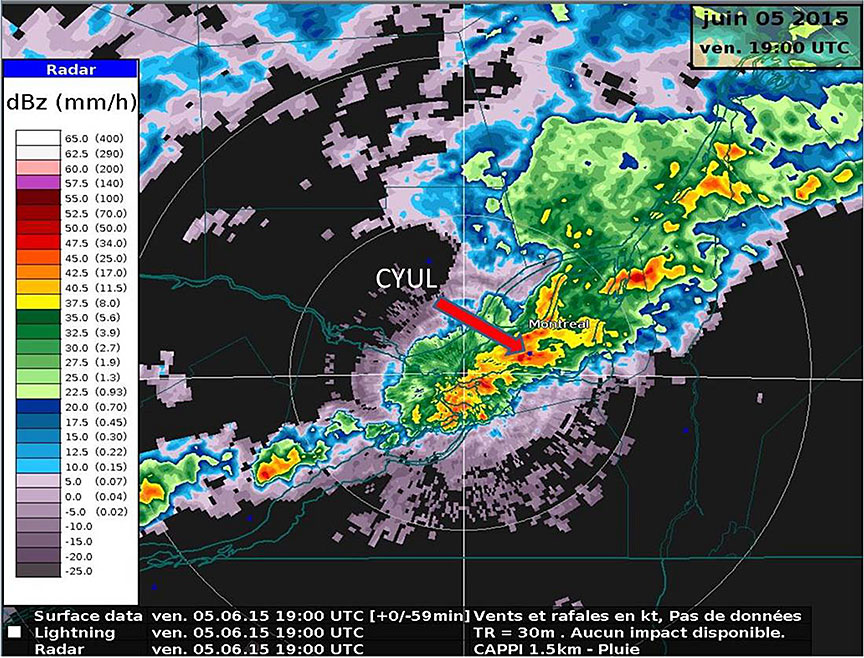Radar image showing precipitation band less than 2 minutes after the occurrence