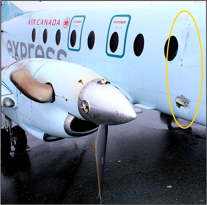 Fuselage with damage caused by propeller blade (circled)