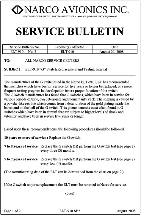 Narco Avionics Inc. Service Bulletin No. ELT 910 No. 2 - Page 1 of 2