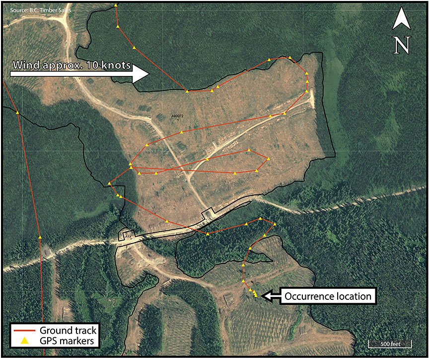 Flight path of C-GOPK (Source: BC Timber Sales, with TSB annotations)