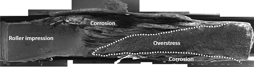 Scanning electron microscope image of the fractured flap track