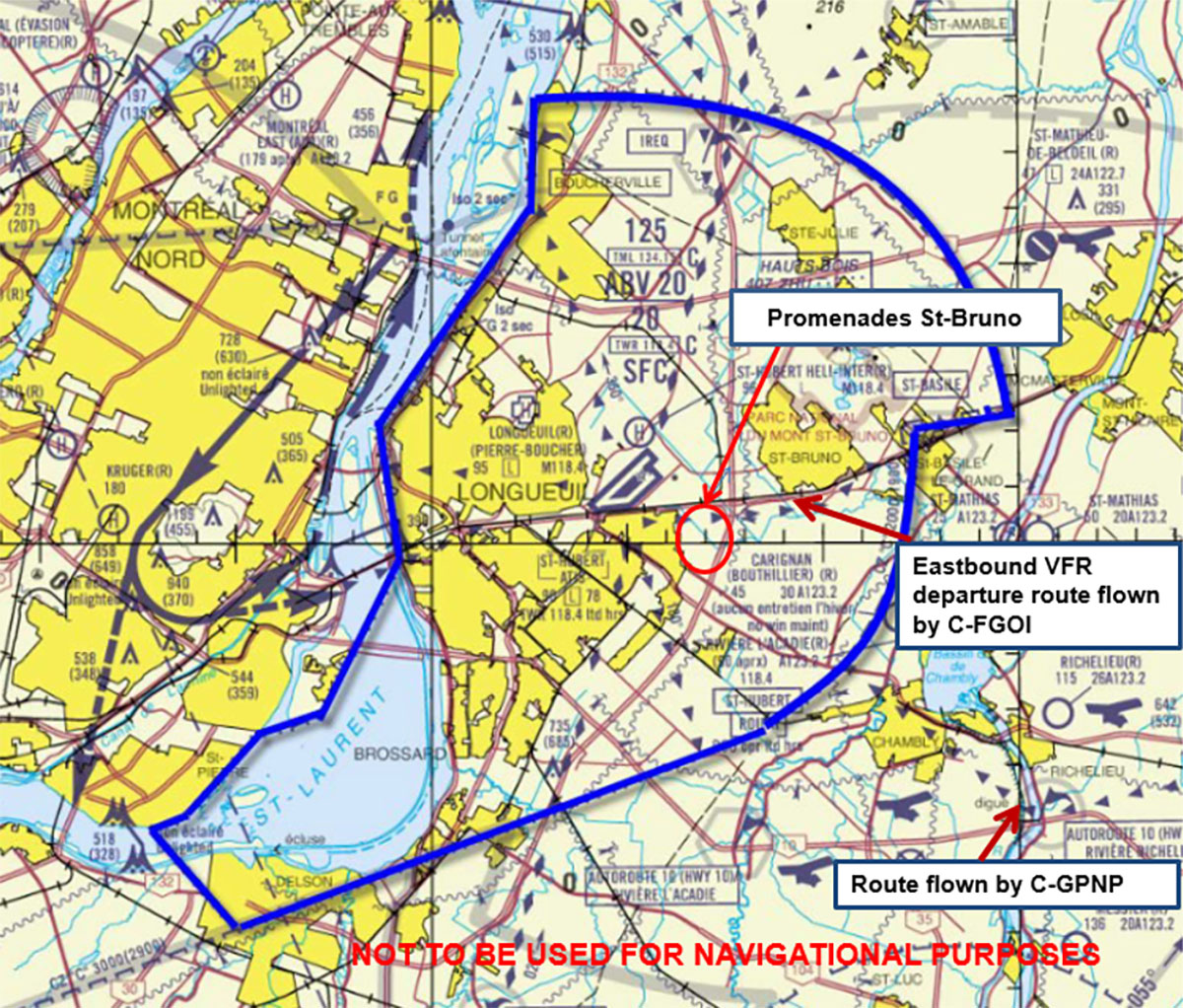 St-Hubert control zone (shown in blue) and surrounding area (Source: NAV CANADA, <em>Manuel d'exploitation d'unité – Tour de St-Hubert</em>, with TSB annotations)