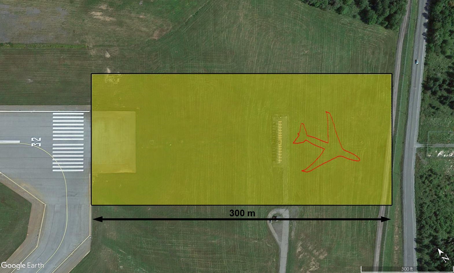 Depiction of International Civil Aviation Organization and TSB recommendation for runway end safety area on the occurrence runway, with the location of the occurrence aircraft after the runway overrun (Source: Google Earth, with TSB annotations)