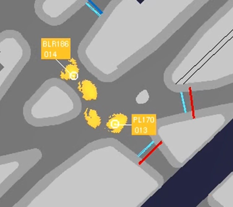 Depiction of plow vehicles on the controller’s A-SMGCS display screen as the vehicles were manoeuvring onto Taxiway C2 (Source: NAV CANADA)