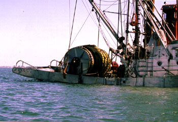 Photo 4 - Working deck of Cap rouge II showing west coast salmon seine net wrapped on net drum. 15 August 2002