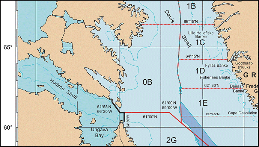 Northwest Atlantic Fisheries Organization (NAFO) fishing area map including Division 0B