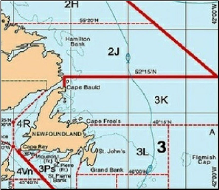 NAFO fishing area map showing Divisions 2J3KL