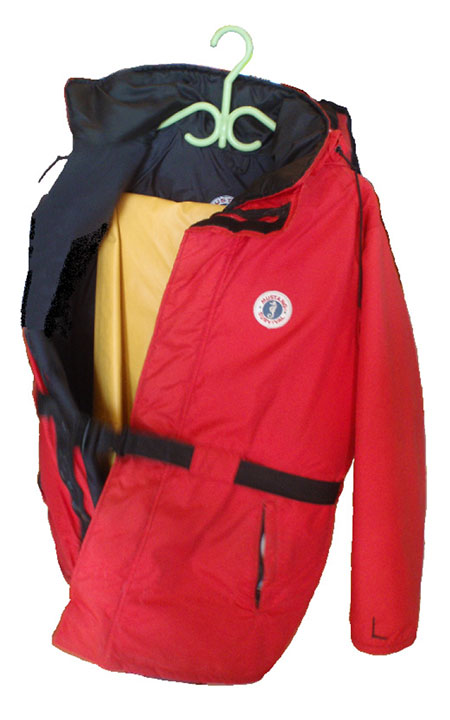 Mustang flotation jacket and yellow water-resistant pants worn by passengers