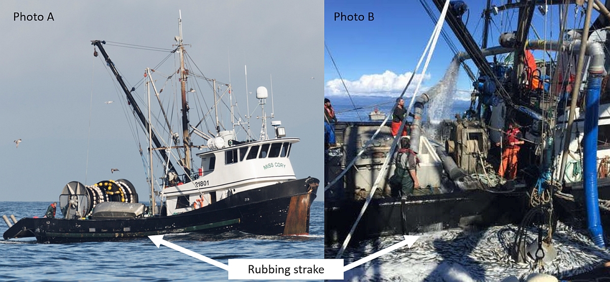 The rubbing strake on the Miss Cory, shown above the surface of the water while the vessel is voyaging (Photo A) and submerged while the vessel lists during operations (Photo B)