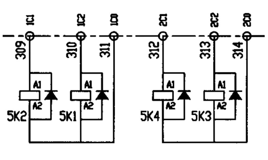 Abstract from Chem Norma's steering control system drawings, showing diodes as surge protection arrangement connected in parallel to the power coils of relays 5K1, 5K2, 5K3, and 5K4