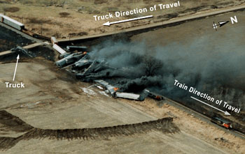 Aerial photo of collision and derailment site looking northwest