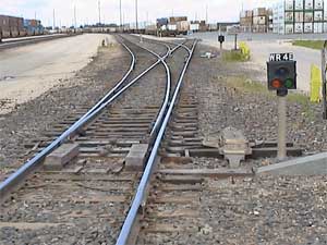View looking westward into classification tracks at switch WR4E, Symington Yard