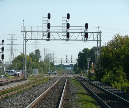 Looking eastward at signals located at Mile 33.40 of CN's Oakville Subdivision