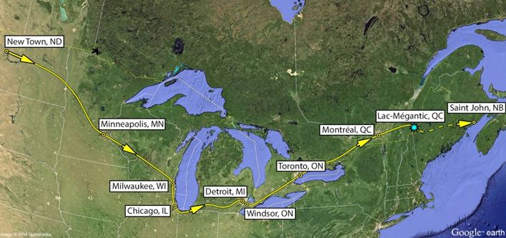 Map of the approximate route travelled through Toronto and Montréal en route to Lac-Mégantic