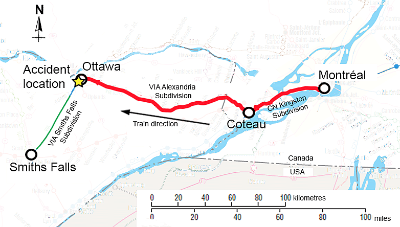 Accident location (Source: Railway Association of Canada, <em>Canadian Railway Atlas</em>, with TSB annotations)