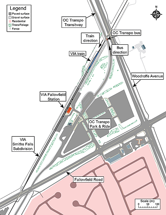 Map of the roadway and track layout in vicinity of VIA Fallowfield Station