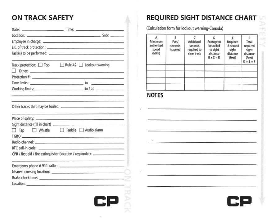 On-track safety job briefing form provided to the employees