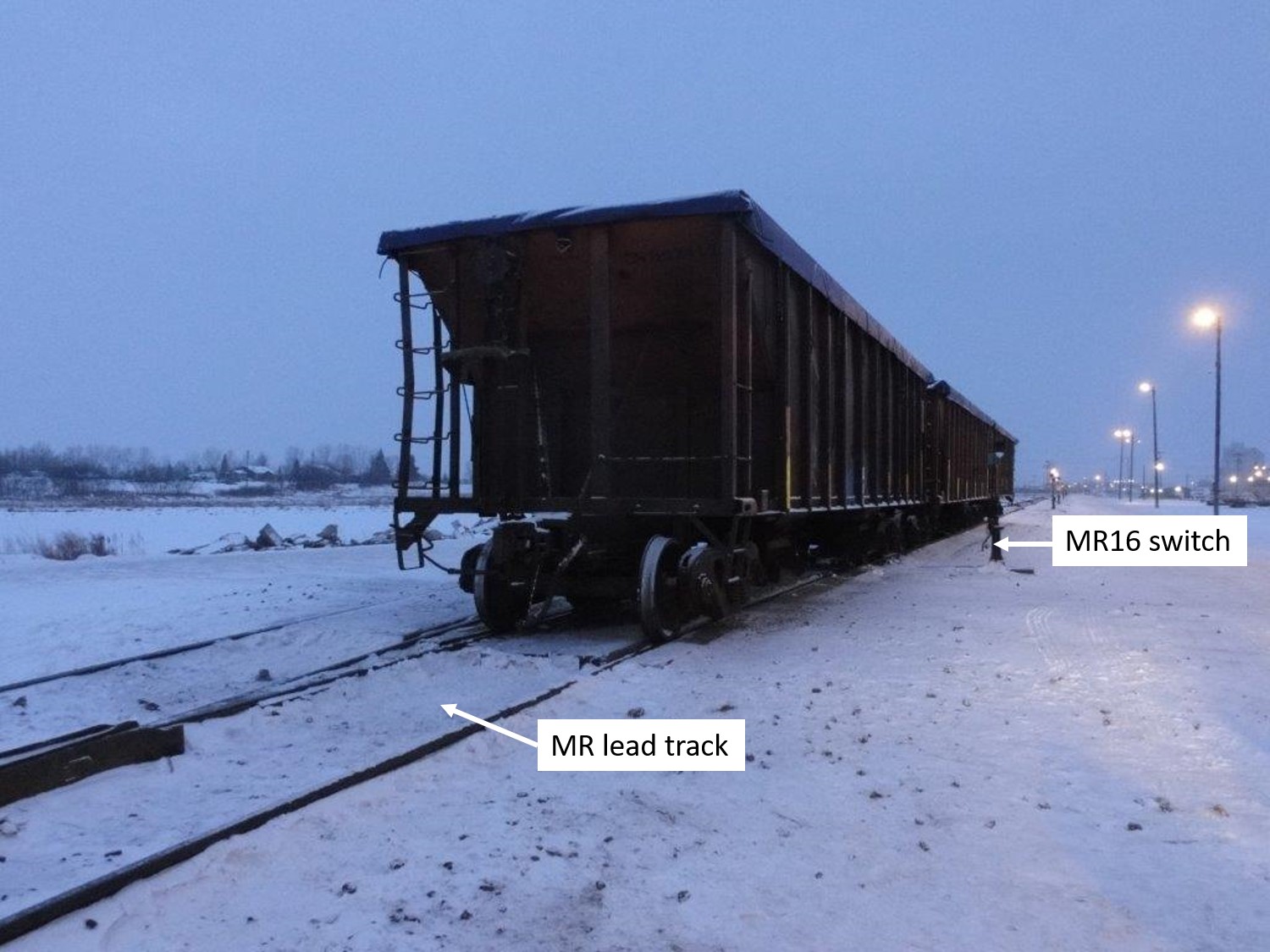 Occurrence open-top hopper cars staged on the MR lead track near the MR16 switch (Source: Canadian National Railway Company, with TSB annotations)