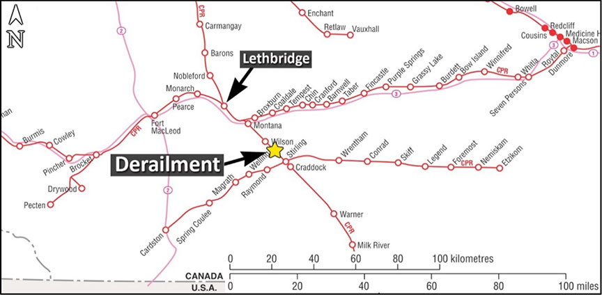  Location map (Source: Railway Association of Canada, <em>Canadian Railway Atlas</em>, with TSB annotations)