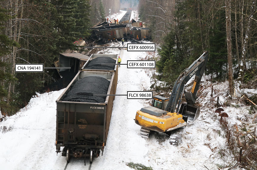 Eastward view of the derailed cars