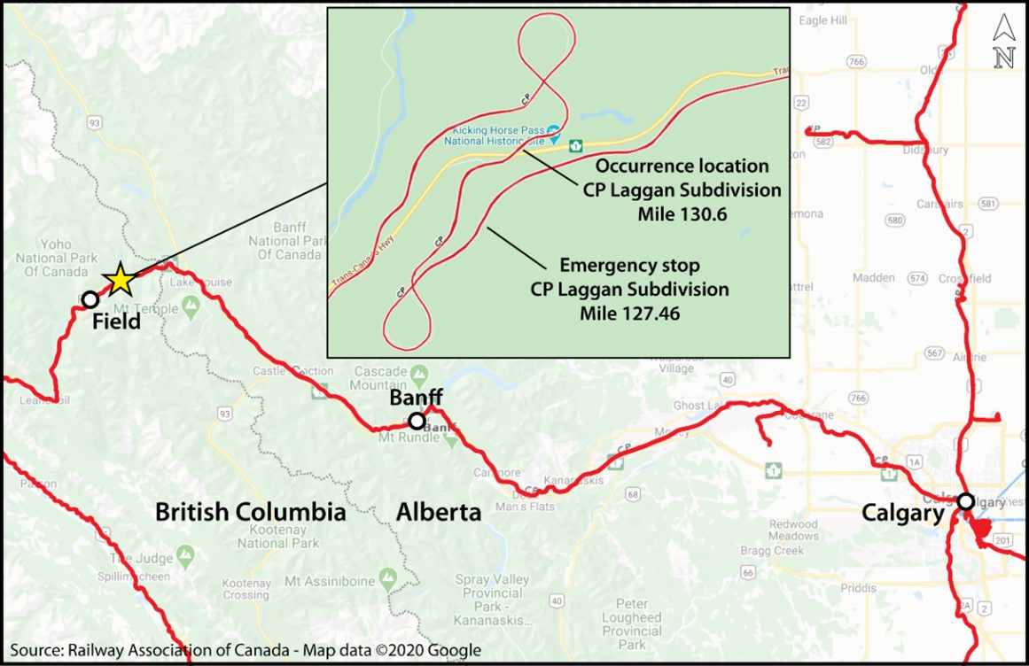 Map showing the occurrence location, with inset map showing the locations of the emergency stop and the subsequent derailment (Source: Railway Association of Canada, Canadian Railway Atlas, with TSB annotations)