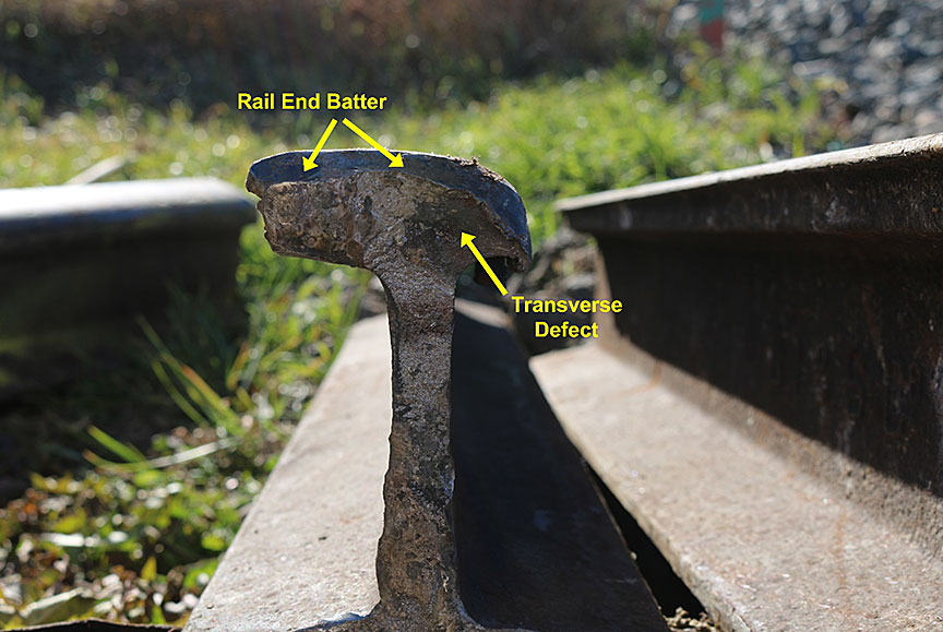 Rail fracture surface showing rail end batter and a transverse defect