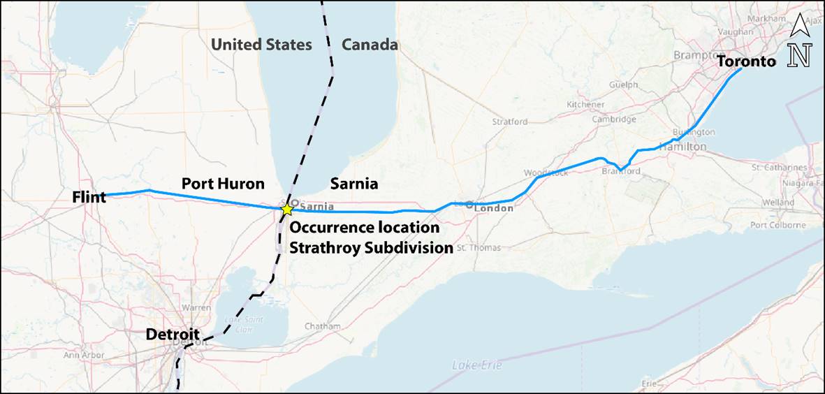 Occurrence location (Source: Railway Association of Canada, <em>Canadian Railway Atlas</em>, with TSB annotations)