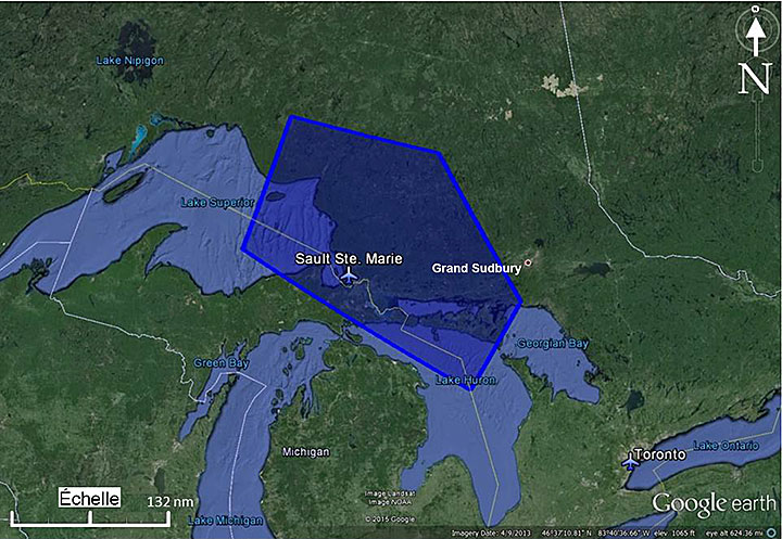  Limites approximatives du secteur de Sault Low (Source: Google Earth, avec annotations du BST)