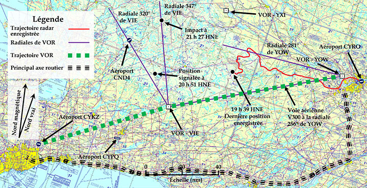 Route de l'aéronef à l'étude superposée sur une carte aéronautique de navigation VFR (Source : NAV CANADA, avec annotations du BST)