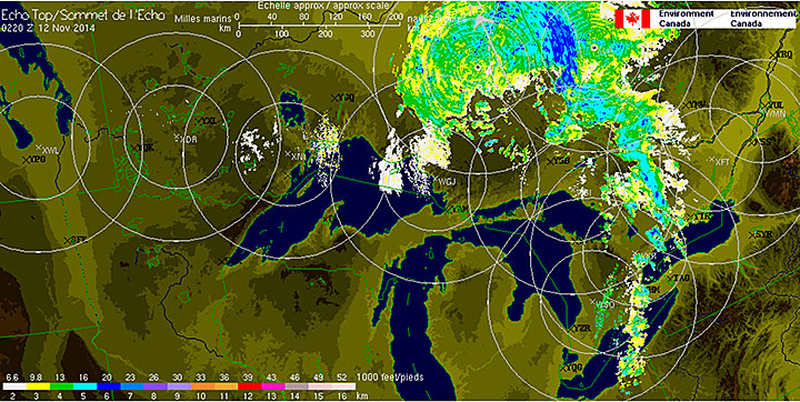 Images du radar météorologique : Plafonds d’échos, valide à 0220Z le 12 novembre 2014