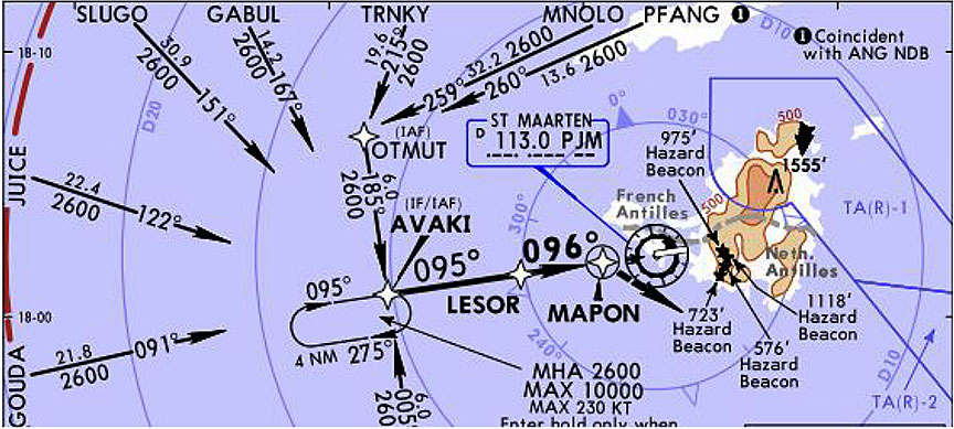 Vue en plan de l'approche RNAV de la piste 10 à l'aéroport international Princess Juliana