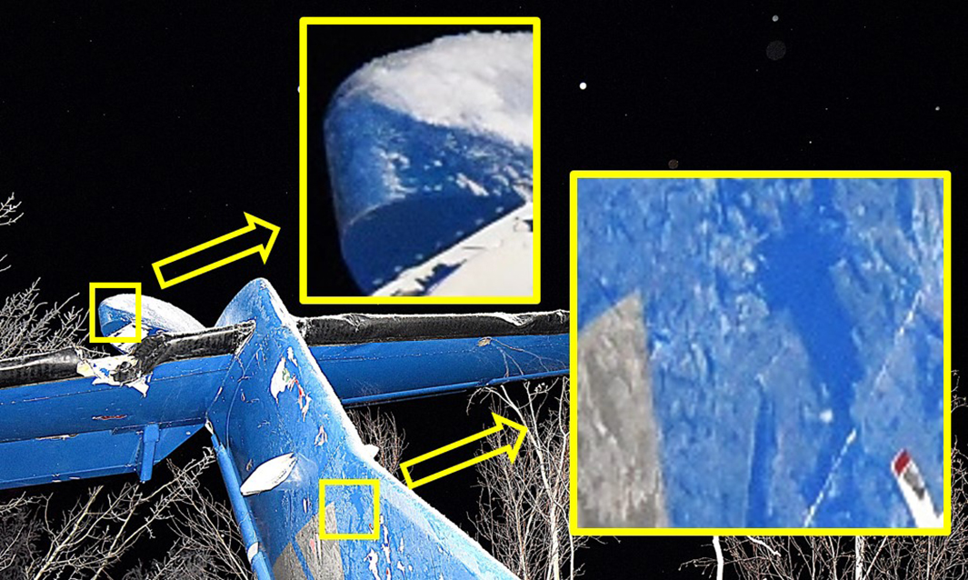 Photo du stabilisateur vertical avec 2 images en médaillon montrant la contamination par le givre sur le bord d’attaque de la corne débordante de la gouverne de direction et sur le côté droit du stabilisateur (Source : Gendarmerie royale du Canada, avec annotations du BST)