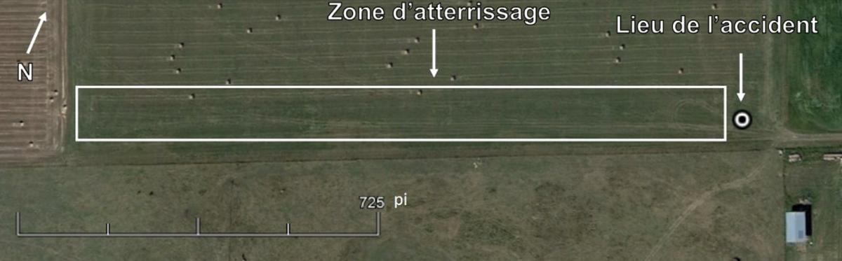 Vue du champ et de la zone d'atterrissage (Source : Google Earth avec annotations du BST)