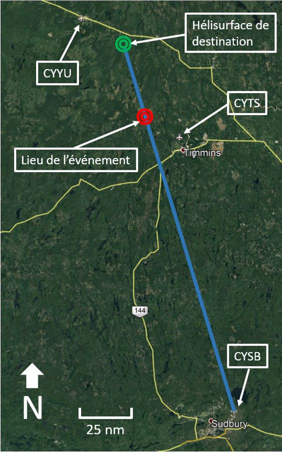  Route du vol de l'événement à l'étude, montrant la destination prévue et le lieu de l'événement (Source : Google Earth, avec annotations du BST)
