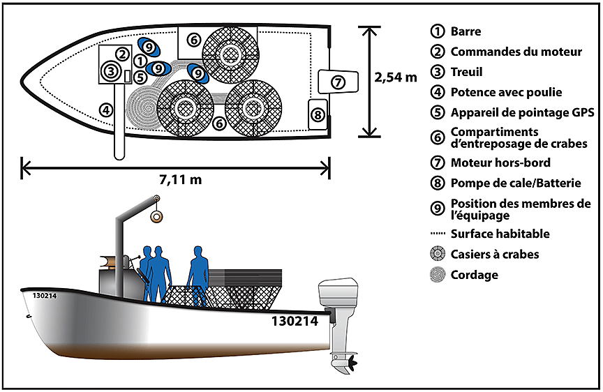 Figure 1. Vue de dessus et de profil du bateau ponté avec 25 casiers à crabes à bord