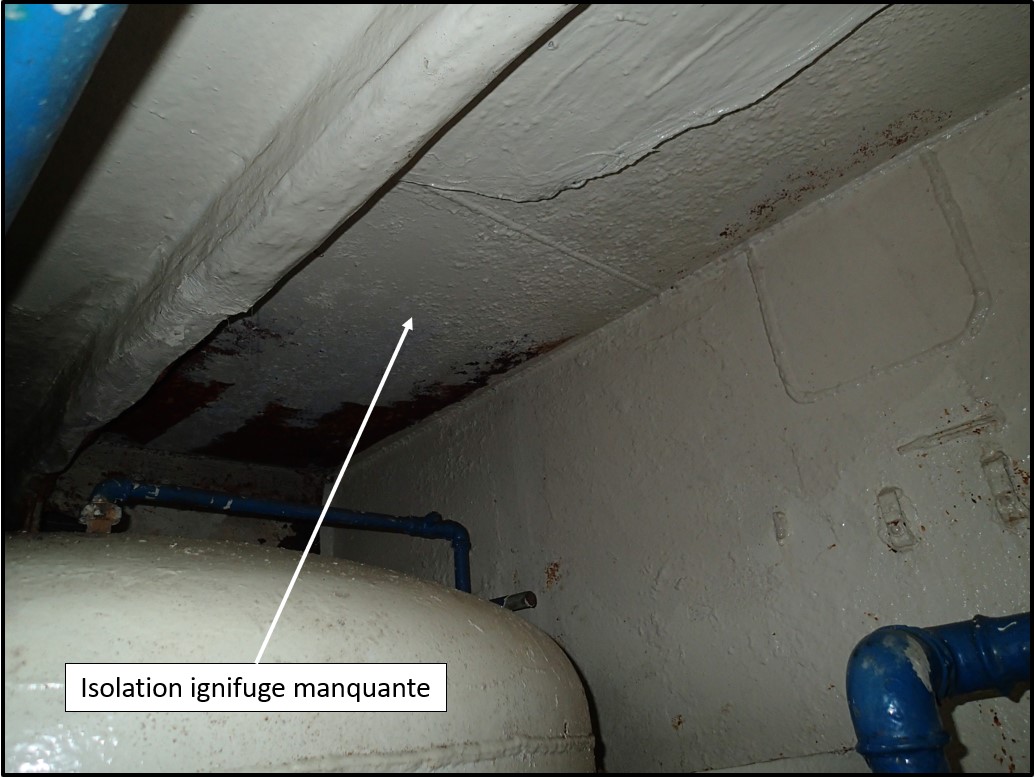 Manque d’isolation ignifuge dans la salle des machines (Source : BST)