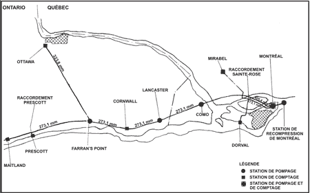 Représentation schématique du réseau de canalisations de Pipelines Trans-Nord Inc., de la station de pompage de Montréal au terminal d'Ottawa