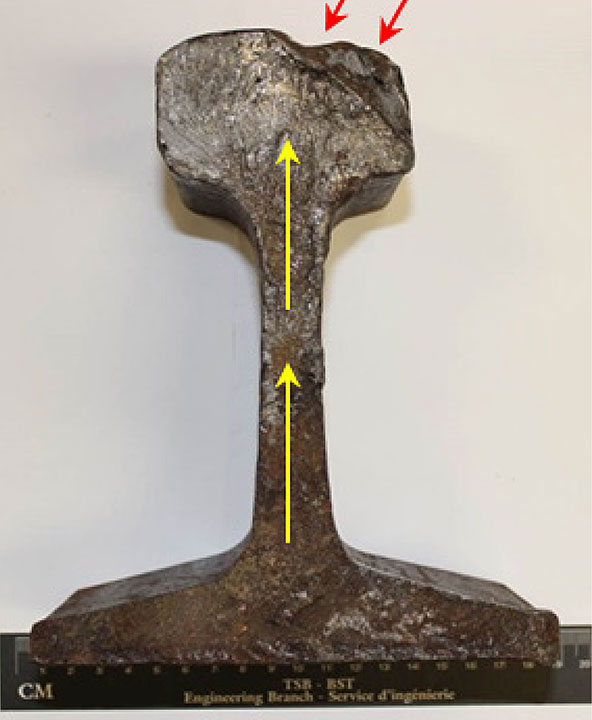 Surface de rupture sur le morceau de rail numéro 9 montrant le sens de propagation de la fissure (en jaune) et les marques d'impact sur le champignon