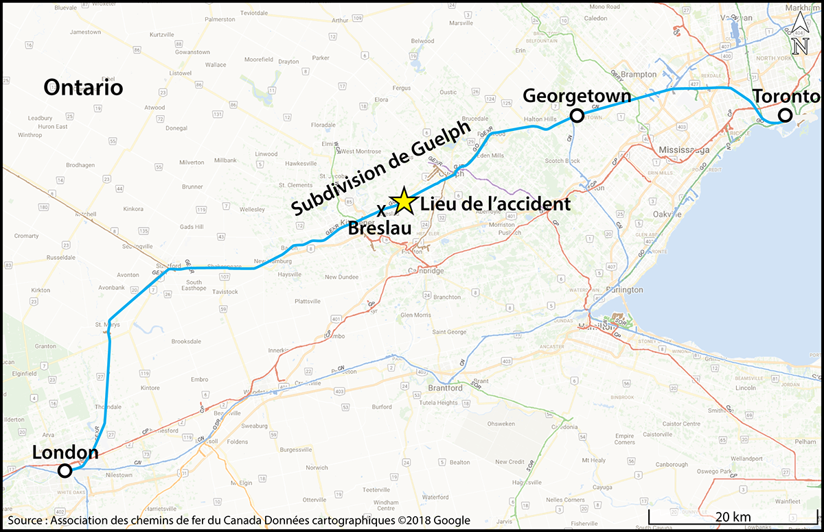 Carte illustrant l'itinéraire du  train et le lieu de l'accident (Source : Association des chemins de fer  du Canada, <em>Atlas du rail canadien</em>,  avec annotations du BST)